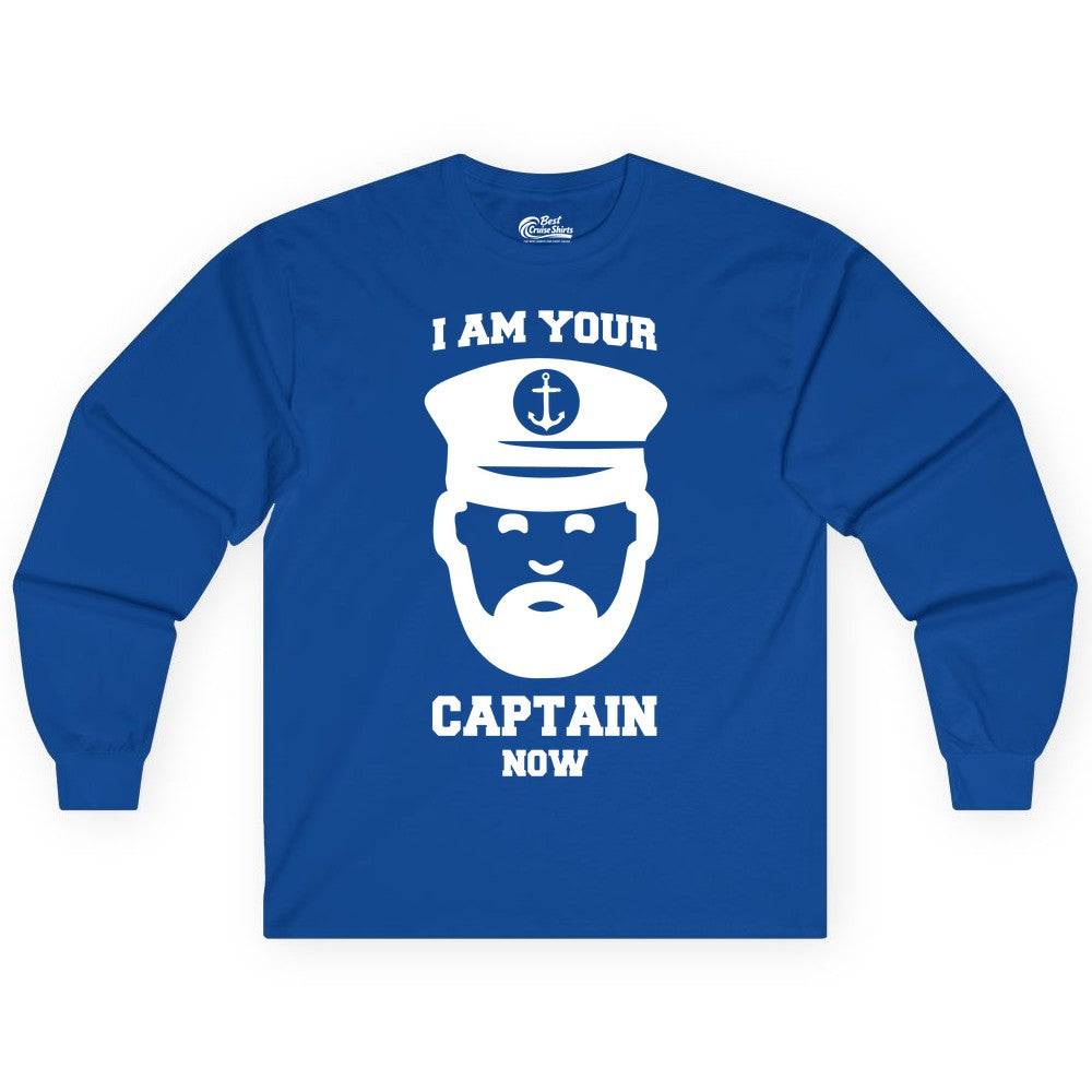 Funny Captain Shirt - Nautical Humor Tee for Boating Enthusiasts (Long Sleeve) in Royal - Funny Captain Shirt - I Am Your Captain Now Nautical Beard Hat Tee
