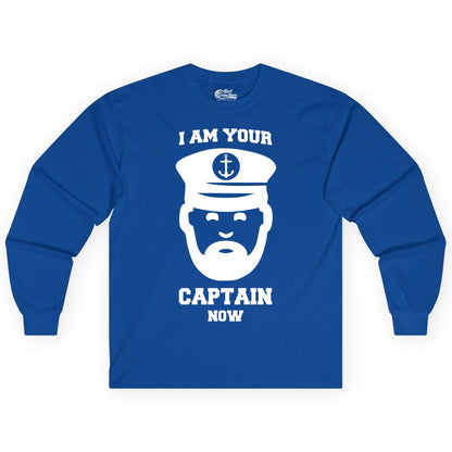 Funny Captain Shirt - Nautical Humor Tee for Boating Enthusiasts (Long Sleeve) in Royal - Funny Captain Shirt - I Am Your Captain Now Nautical Beard Hat Tee