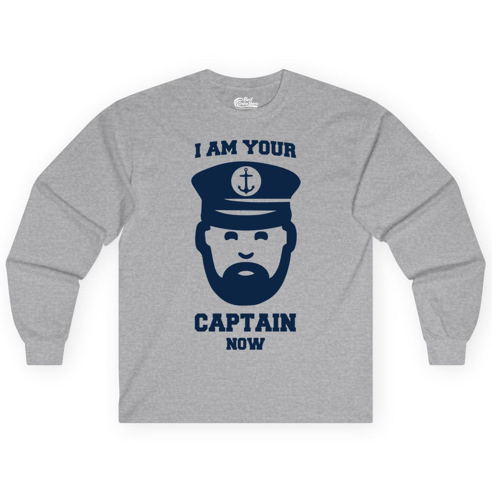 Funny Captain Shirt - Nautical Humor Tee for Boating Enthusiasts (Long Sleeve) in Sport Grey - Funny Captain Shirt - I Am Your Captain Now Nautical Beard Hat Tee