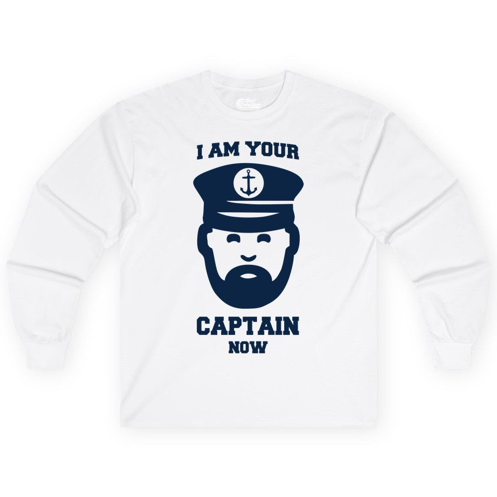 Funny Captain Shirt - Nautical Humor Tee for Boating Enthusiasts (Long Sleeve) in White - Funny Captain Shirt - I Am Your Captain Now Nautical Beard Hat Tee