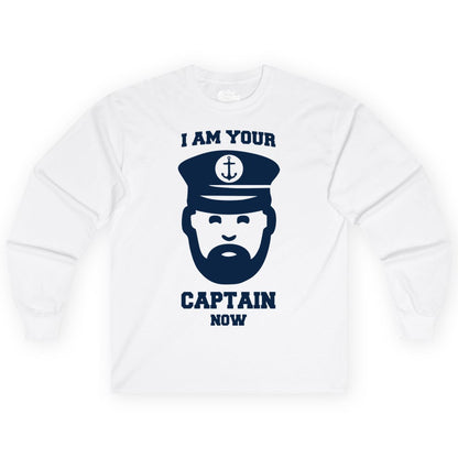 Funny Captain Shirt - Nautical Humor Tee for Boating Enthusiasts (Long Sleeve) in White - Funny Captain Shirt - I Am Your Captain Now Nautical Beard Hat Tee