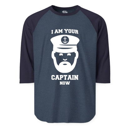 Funny Captain Shirt - Nautical Humor Tee for Boating Enthusiasts (Raglan) in Heather DenimNavy - Funny Captain Shirt - I Am Your Captain Now Nautical Beard Hat Tee