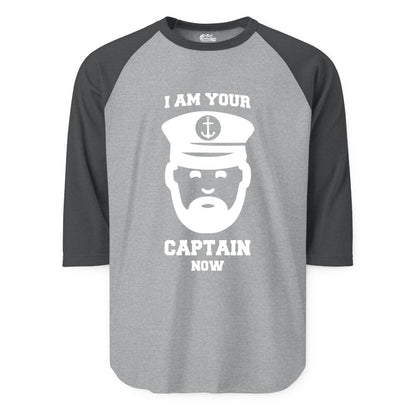 Funny Captain Shirt - Nautical Humor Tee for Boating Enthusiasts (Raglan) in Heather GreyHeather Charcoal - Funny Captain Shirt - I Am Your Captain Now Nautical Beard Hat Tee