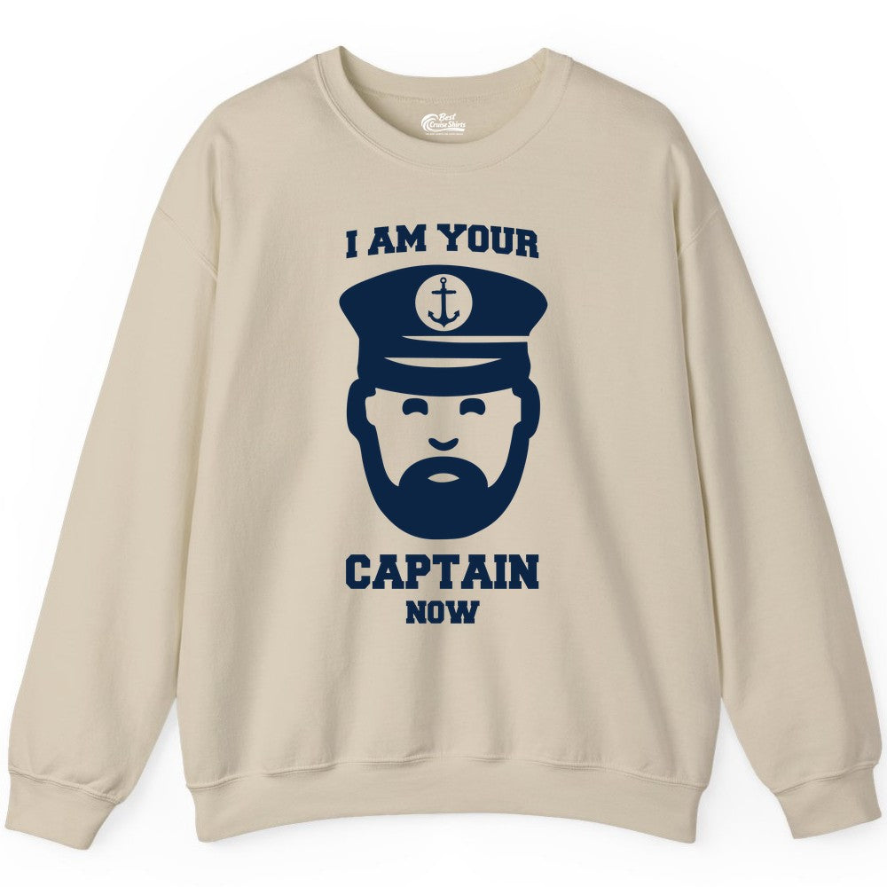Funny Captain Shirt - Nautical Humor Tee for Boating Enthusiasts (Sweatshirt) in Sand - Funny Captain Shirt - I Am Your Captain Now Nautical Beard Hat Tee