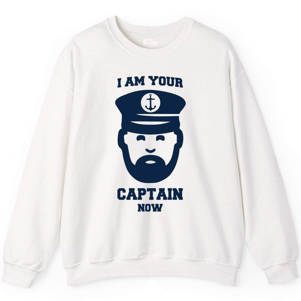 Funny Captain Shirt - Nautical Humor Tee for Boating Enthusiasts (Sweatshirt) in White - Funny Captain Shirt - I Am Your Captain Now Nautical Beard Hat Tee