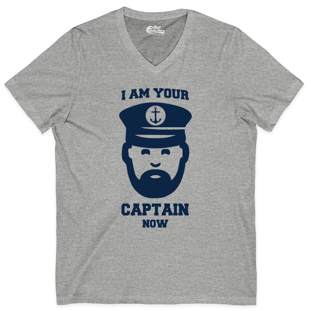 Funny Captain Shirt - Nautical Humor Tee for Boating Enthusiasts (V-Neck) in Athletic Heather - Funny Captain Shirt - I Am Your Captain Now Nautical Beard Hat Tee