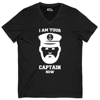 Funny Captain Shirt - Nautical Humor Tee for Boating Enthusiasts (V-Neck) in Black - Funny Captain Shirt - I Am Your Captain Now Nautical Beard Hat Tee