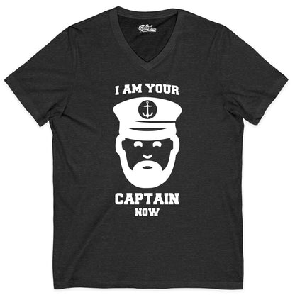Funny Captain Shirt - Nautical Humor Tee for Boating Enthusiasts (V-Neck) in Dark Grey Heather - Funny Captain Shirt - I Am Your Captain Now Nautical Beard Hat Tee
