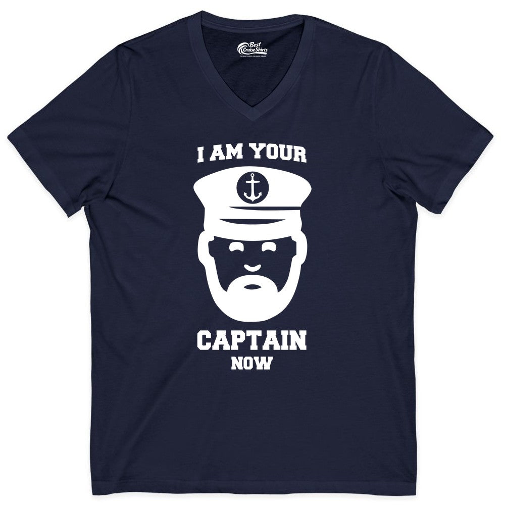 Funny Captain Shirt - Nautical Humor Tee for Boating Enthusiasts (V-Neck) in Navy - Funny Captain Shirt - I Am Your Captain Now Nautical Beard Hat Tee