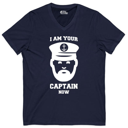 Funny Captain Shirt - Nautical Humor Tee for Boating Enthusiasts (V-Neck) in Navy - Funny Captain Shirt - I Am Your Captain Now Nautical Beard Hat Tee