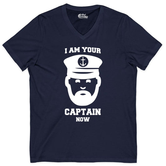 Funny Captain Shirt - Nautical Humor Tee for Boating Enthusiasts (V-Neck) in Navy - Funny Captain Shirt - I Am Your Captain Now Nautical Beard Hat Tee