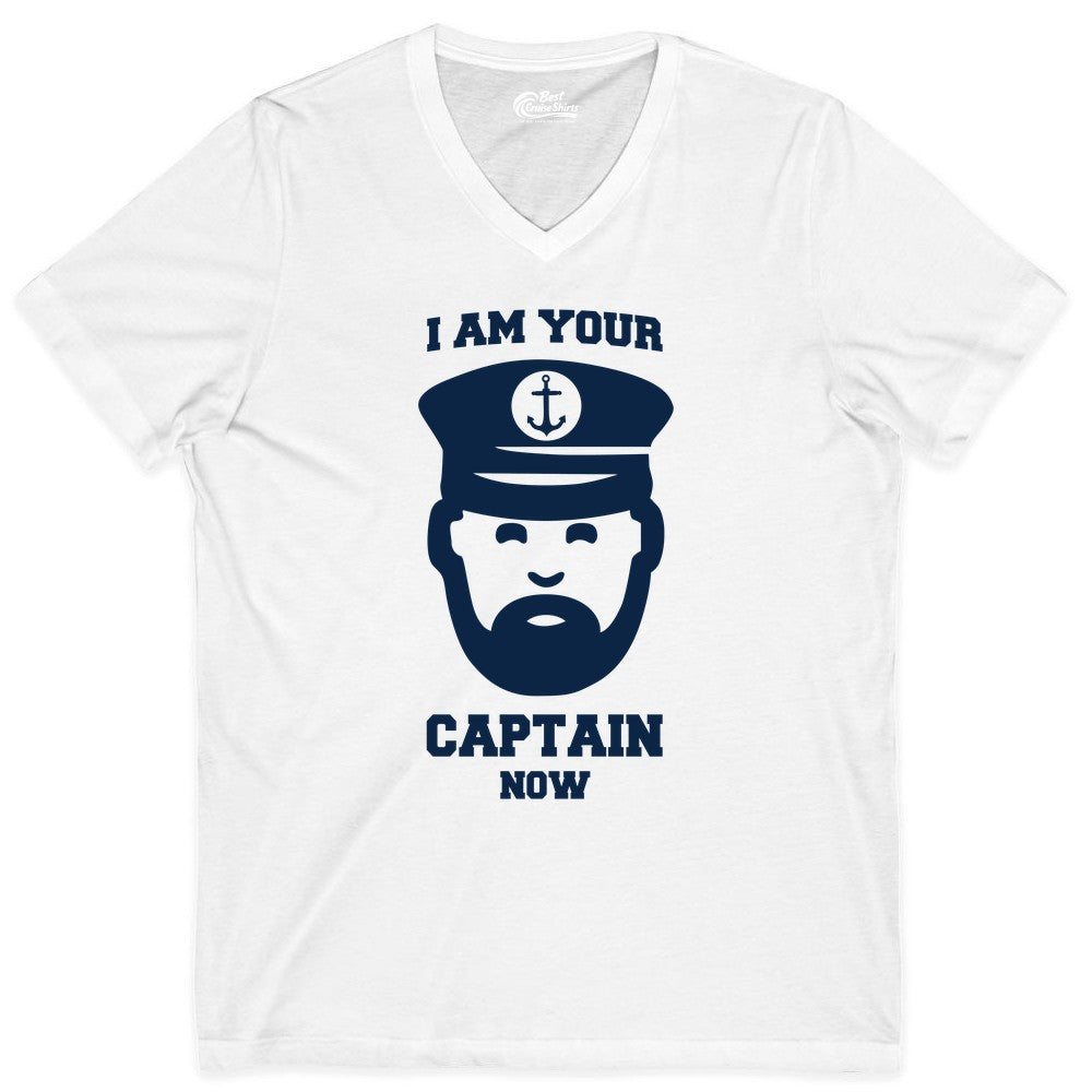 Funny Captain Shirt - Nautical Humor Tee for Boating Enthusiasts (V-Neck) in White - Funny Captain Shirt - I Am Your Captain Now Nautical Beard Hat Tee