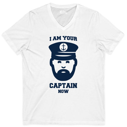 Funny Captain Shirt - Nautical Humor Tee for Boating Enthusiasts (V-Neck) in White - Funny Captain Shirt - I Am Your Captain Now Nautical Beard Hat Tee