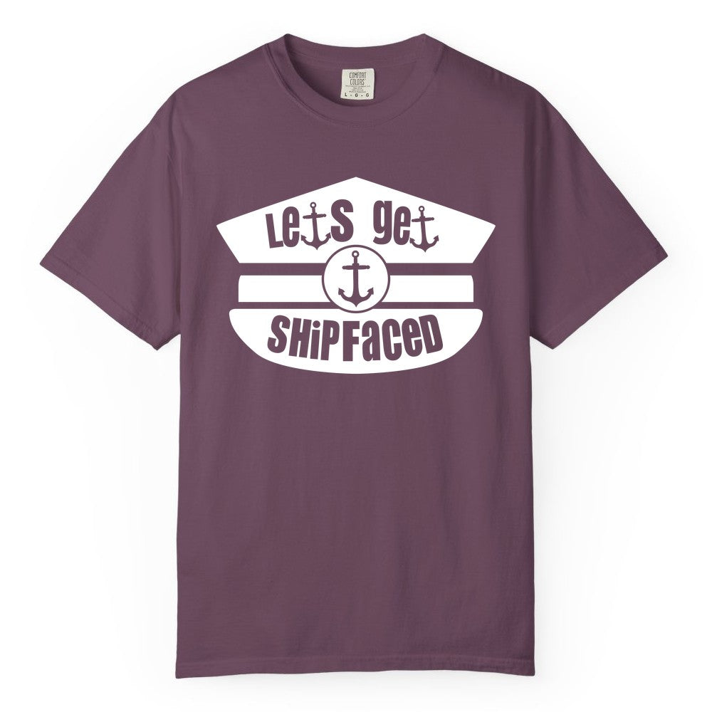 Let's Get Shipfaced Shirt - Funny Cruise Nautical Party Tee Adults (Comfort Color) in Berry - Let’s Get Shipfaced Nautical Humor Shirt With Anchor Sailor Hat Design
