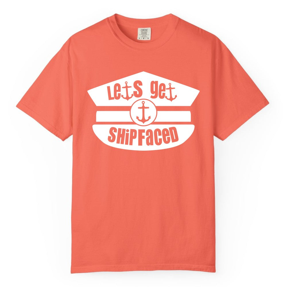 Let's Get Shipfaced Shirt - Funny Cruise Nautical Party Tee Adults (Comfort Color) in Bright Salmon - Let’s Get Shipfaced Nautical Humor Shirt With Anchor Sailor Hat Design