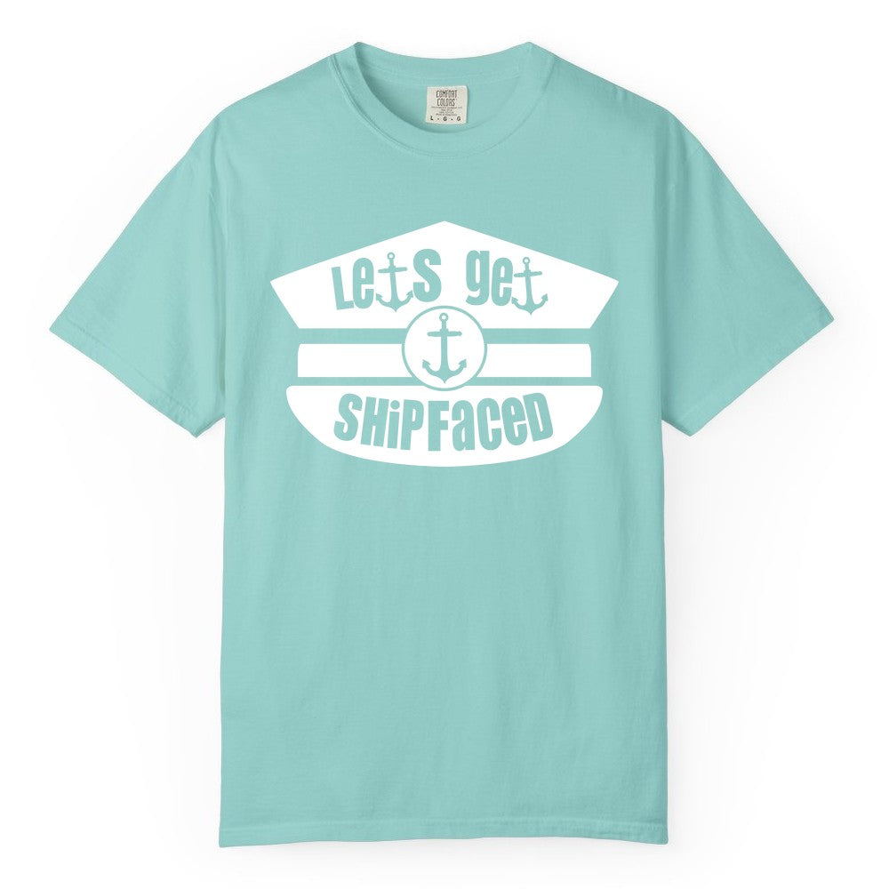 Let's Get Shipfaced Shirt - Funny Cruise Nautical Party Tee Adults (Comfort Color) in Chalky Mint - Let’s Get Shipfaced Nautical Humor Shirt With Anchor Sailor Hat Design