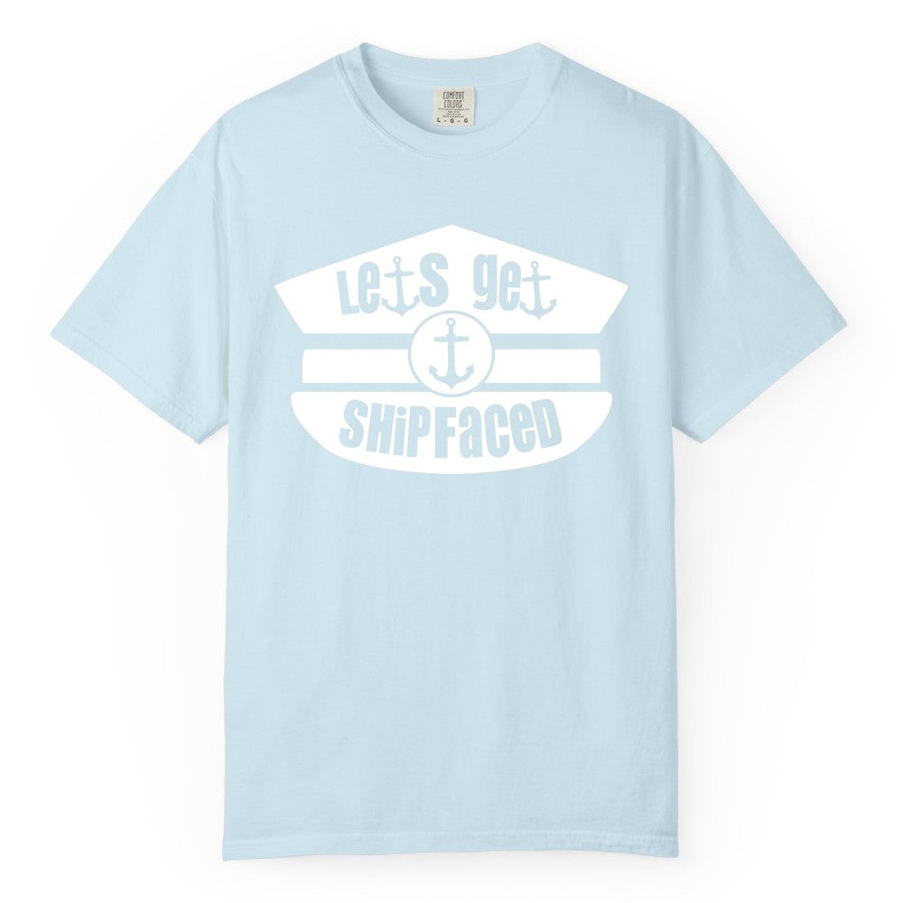 Let's Get Shipfaced Shirt - Funny Cruise Nautical Party Tee Adults (Comfort Color) in Chambray - Let’s Get Shipfaced Nautical Humor Shirt With Anchor Sailor Hat Design