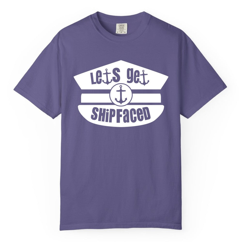 Let's Get Shipfaced Shirt - Funny Cruise Nautical Party Tee Adults (Comfort Color) in Grape - Let’s Get Shipfaced Nautical Humor Shirt With Anchor Sailor Hat Design