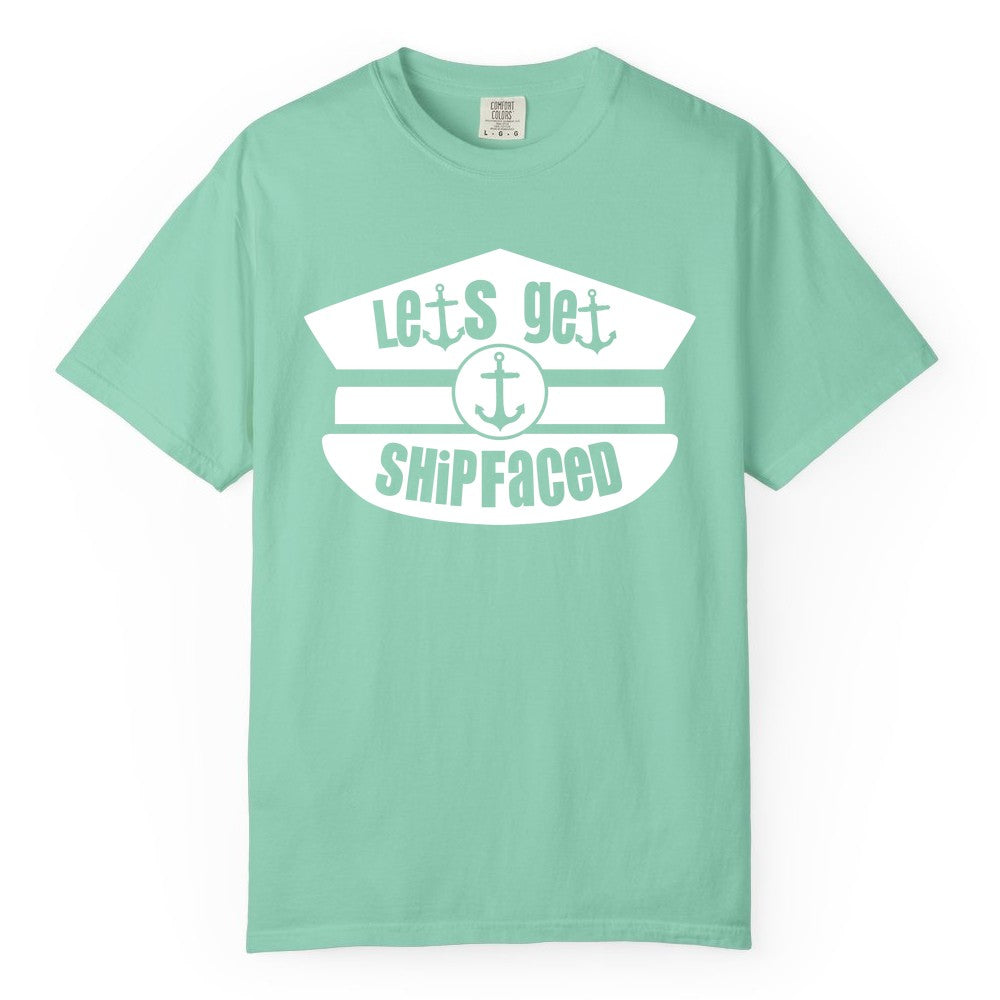Let's Get Shipfaced Shirt - Funny Cruise Nautical Party Tee Adults (Comfort Color) in Island Reef - Let’s Get Shipfaced Nautical Humor Shirt With Anchor Sailor Hat Design