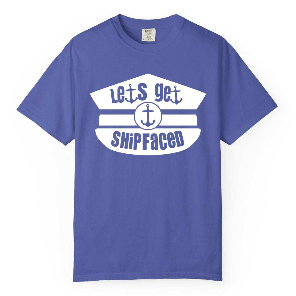 Let's Get Shipfaced Shirt - Funny Cruise Nautical Party Tee Adults (Comfort Color) in Periwinkle - Let’s Get Shipfaced Nautical Humor Shirt With Anchor Sailor Hat Design