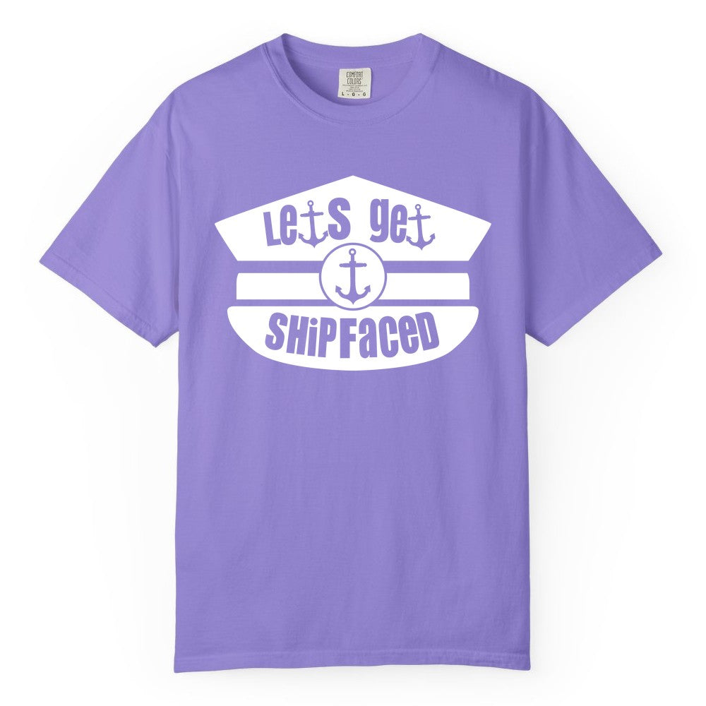 Let's Get Shipfaced Shirt - Funny Cruise Nautical Party Tee Adults (Comfort Color) in Violet - Let’s Get Shipfaced Nautical Humor Shirt With Anchor Sailor Hat Design
