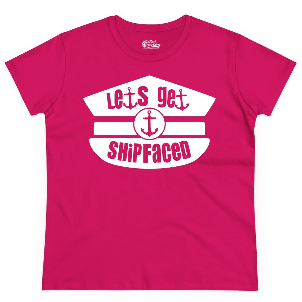 Let's Get Shipfaced Shirt - Funny Cruise Nautical Party Tee Adults (Ladies Tee) in Heliconia - Let’s Get Shipfaced Nautical Humor Shirt With Anchor Sailor Hat Design
