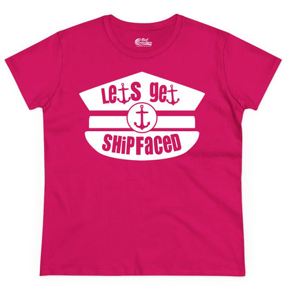 Let's Get Shipfaced Shirt - Funny Cruise Nautical Party Tee Adults (Ladies Tee) in Heliconia - Let’s Get Shipfaced Nautical Humor Shirt With Anchor Sailor Hat Design