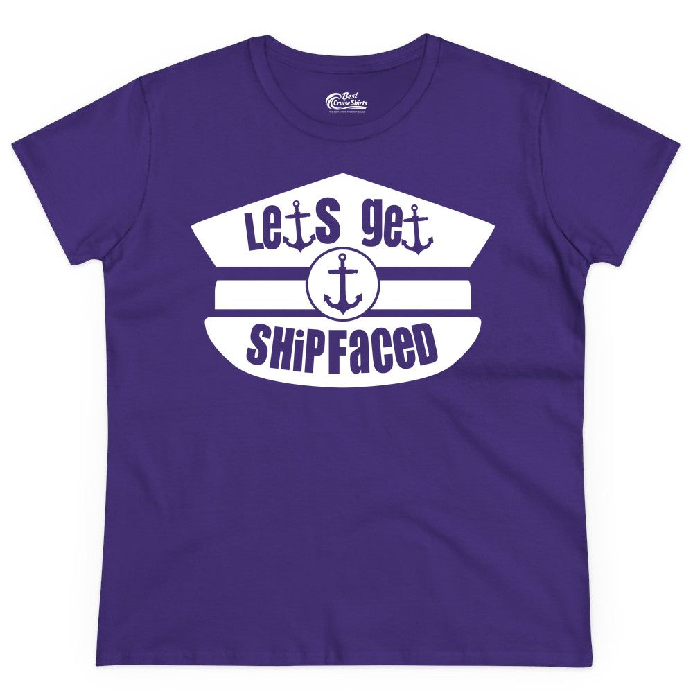 Let's Get Shipfaced Shirt - Funny Cruise Nautical Party Tee Adults (Ladies Tee) in Purple - Let’s Get Shipfaced Nautical Humor Shirt With Anchor Sailor Hat Design