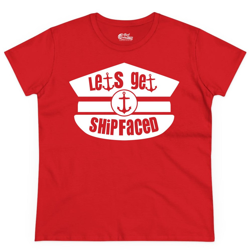 Let's Get Shipfaced Shirt - Funny Cruise Nautical Party Tee Adults (Ladies Tee) in Red - Let’s Get Shipfaced Nautical Humor Shirt With Anchor Sailor Hat Design