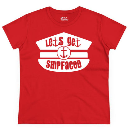 Let's Get Shipfaced Shirt - Funny Cruise Nautical Party Tee Adults (Ladies Tee) in Red - Let’s Get Shipfaced Nautical Humor Shirt With Anchor Sailor Hat Design