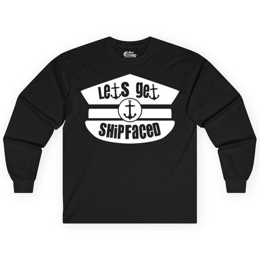 Let's Get Shipfaced Shirt - Funny Cruise Nautical Party Tee Adults (Long Sleeve) in Black - Let’s Get Shipfaced Nautical Humor Shirt With Anchor Sailor Hat Design