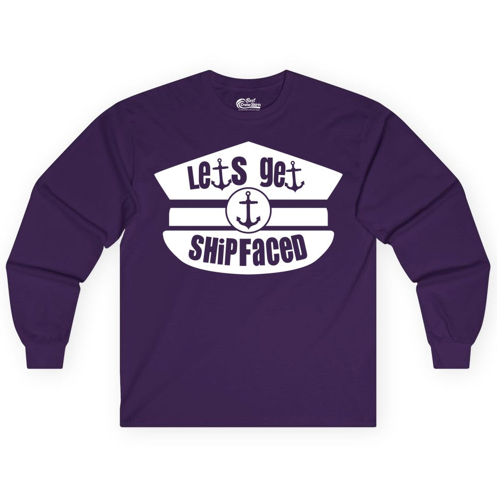 Let's Get Shipfaced Shirt - Funny Cruise Nautical Party Tee Adults (Long Sleeve) in Purple - Let’s Get Shipfaced Nautical Humor Shirt With Anchor Sailor Hat Design