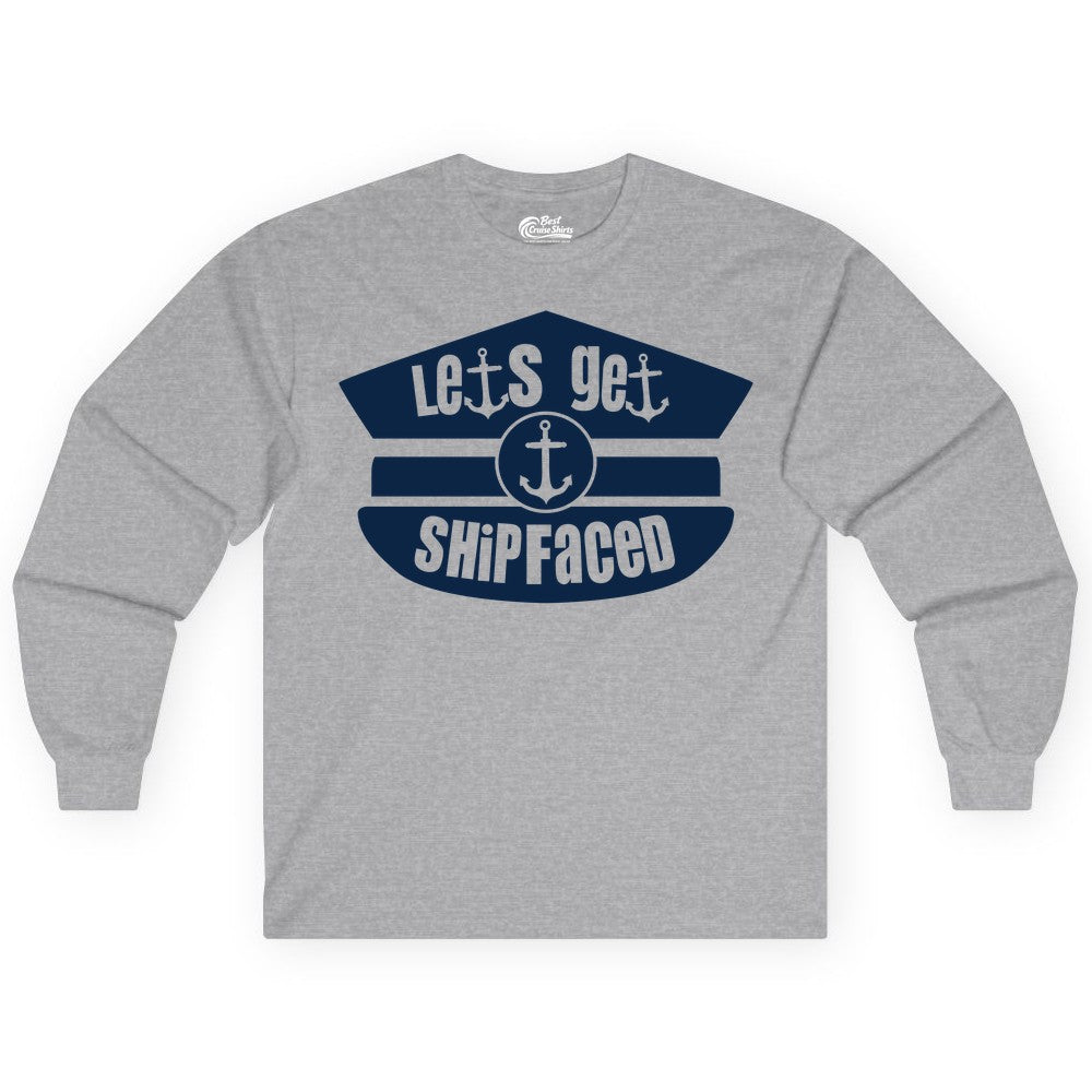Let's Get Shipfaced Shirt - Funny Cruise Nautical Party Tee Adults (Long Sleeve) in Sport Grey - Let’s Get Shipfaced Nautical Humor Shirt With Anchor Sailor Hat Design