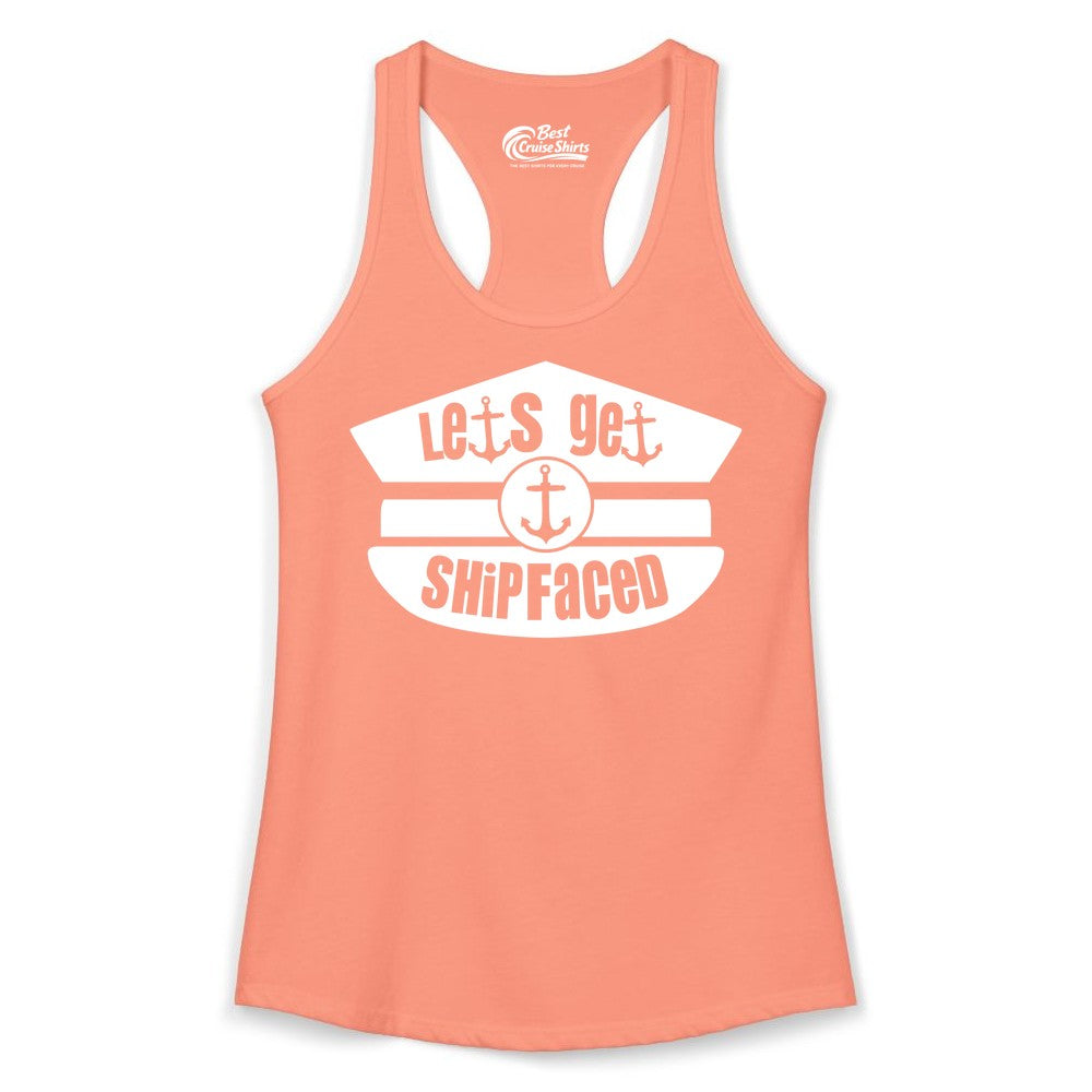 Let's Get Shipfaced Shirt - Funny Cruise Nautical Party Tee Adults (Ladies Tank) in Solid Light Orange - Let’s Get Shipfaced Nautical Humor Shirt With Anchor Sailor Hat Design