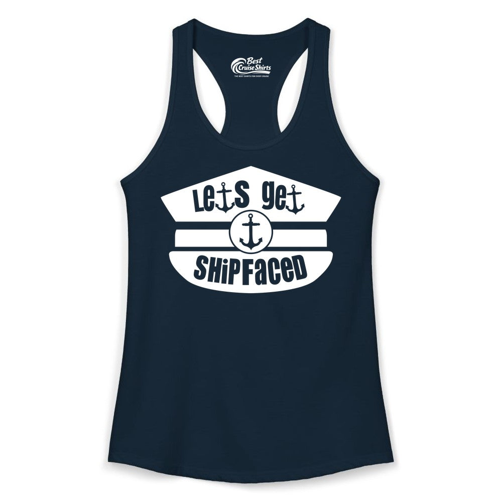 Let's Get Shipfaced Shirt - Funny Cruise Nautical Party Tee Adults (Ladies Tank) in Solid Midnight Navy - Let’s Get Shipfaced Nautical Humor Shirt With Anchor Sailor Hat Design