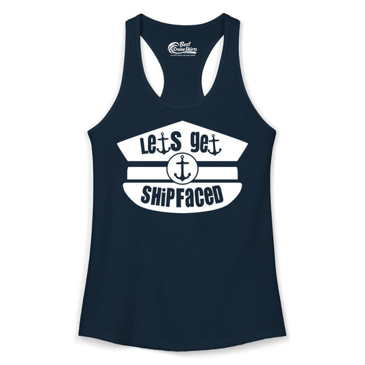 Let's Get Shipfaced Shirt - Funny Cruise Nautical Party Tee Adults (Ladies Tank) in Solid Midnight Navy - Let’s Get Shipfaced Nautical Humor Shirt With Anchor Sailor Hat Design
