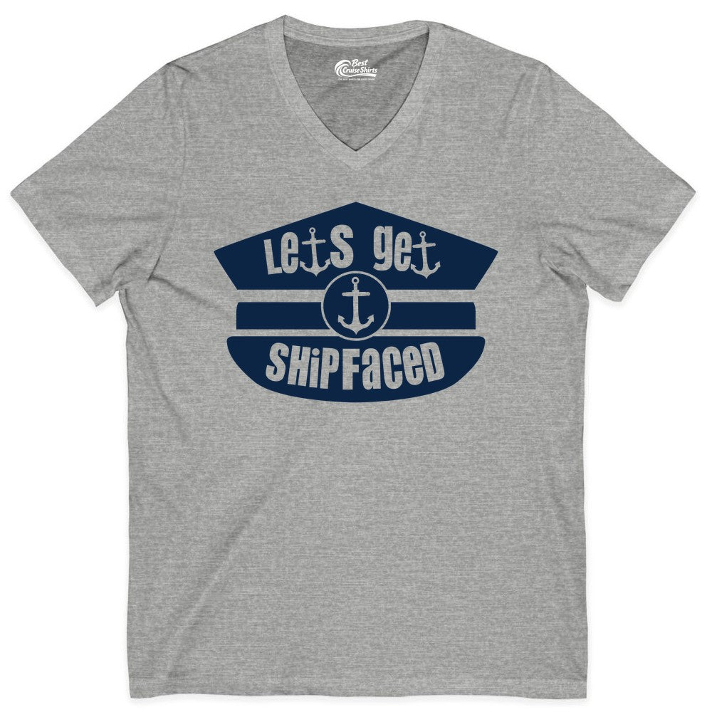 Let's Get Shipfaced Shirt - Funny Cruise Nautical Party Tee Adults (V-Neck) in Athletic Heather - Let’s Get Shipfaced Nautical Humor Shirt With Anchor Sailor Hat Design