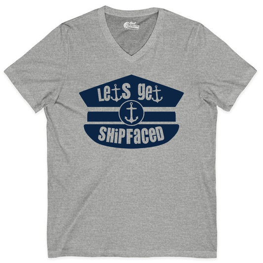 Let's Get Shipfaced Shirt - Funny Cruise Nautical Party Tee Adults (V-Neck) in Athletic Heather - Let’s Get Shipfaced Nautical Humor Shirt With Anchor Sailor Hat Design