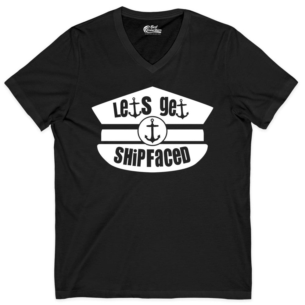 Let's Get Shipfaced Shirt - Funny Cruise Nautical Party Tee Adults (V-Neck) in Black - Let’s Get Shipfaced Nautical Humor Shirt With Anchor Sailor Hat Design