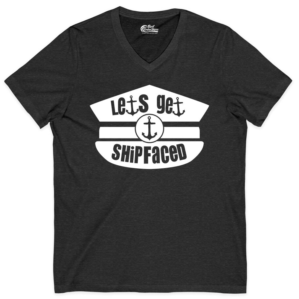 Let's Get Shipfaced Shirt - Funny Cruise Nautical Party Tee Adults (V-Neck) in Dark Grey Heather - Let’s Get Shipfaced Nautical Humor Shirt With Anchor Sailor Hat Design