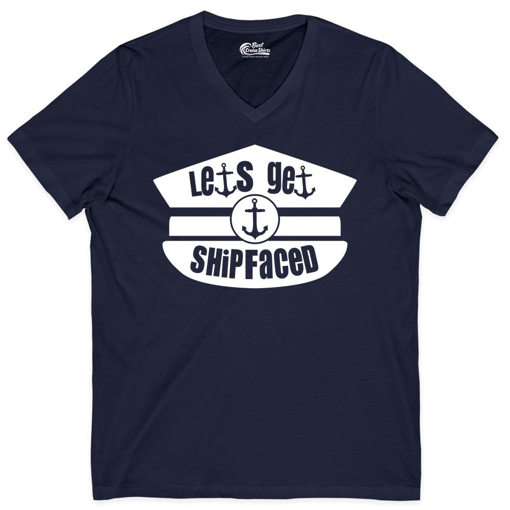 Let's Get Shipfaced Shirt - Funny Cruise Nautical Party Tee Adults (V-Neck) in Navy - Let’s Get Shipfaced Nautical Humor Shirt With Anchor Sailor Hat Design