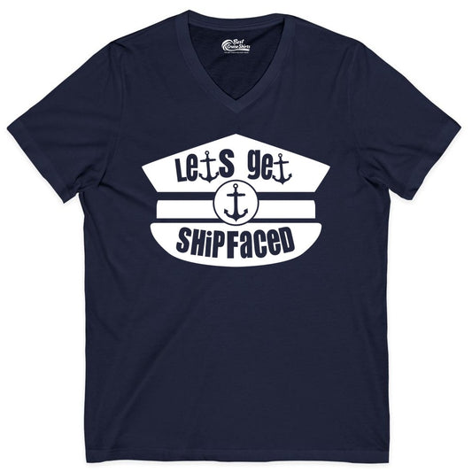 Let's Get Shipfaced Shirt - Funny Cruise Nautical Party Tee Adults (V-Neck) in Navy - Let’s Get Shipfaced Nautical Humor Shirt With Anchor Sailor Hat Design
