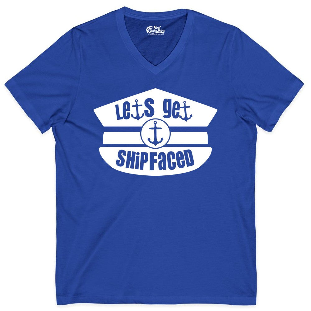 Let's Get Shipfaced Shirt - Funny Cruise Nautical Party Tee Adults (V-Neck) in True Royal - Let’s Get Shipfaced Nautical Humor Shirt With Anchor Sailor Hat Design