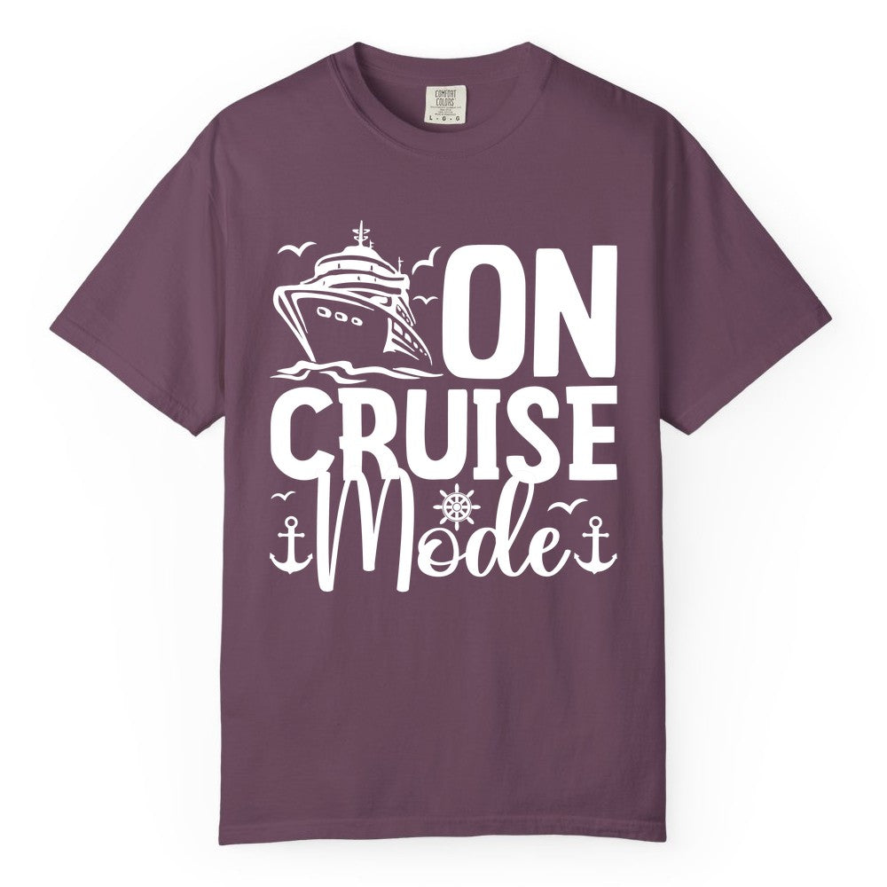 On Cruise Mode Shirt - Nautical Cruise Vacation Apparel for Travelers (Comfort Color) in Berry - On Cruise Mode Nautical Typography Shirt with Ship Anchor Helm Icons