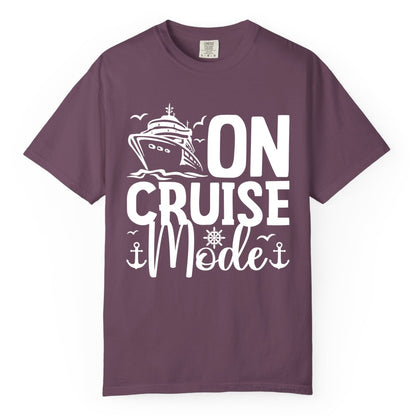 On Cruise Mode Shirt - Nautical Cruise Vacation Apparel for Travelers (Comfort Color) in Berry - On Cruise Mode Nautical Typography Shirt with Ship Anchor Helm Icons
