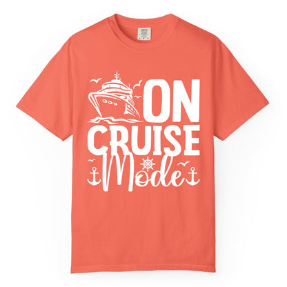 On Cruise Mode Shirt - Nautical Cruise Vacation Apparel for Travelers (Comfort Color) in Bright Salmon - On Cruise Mode Nautical Typography Shirt with Ship Anchor Helm Icons