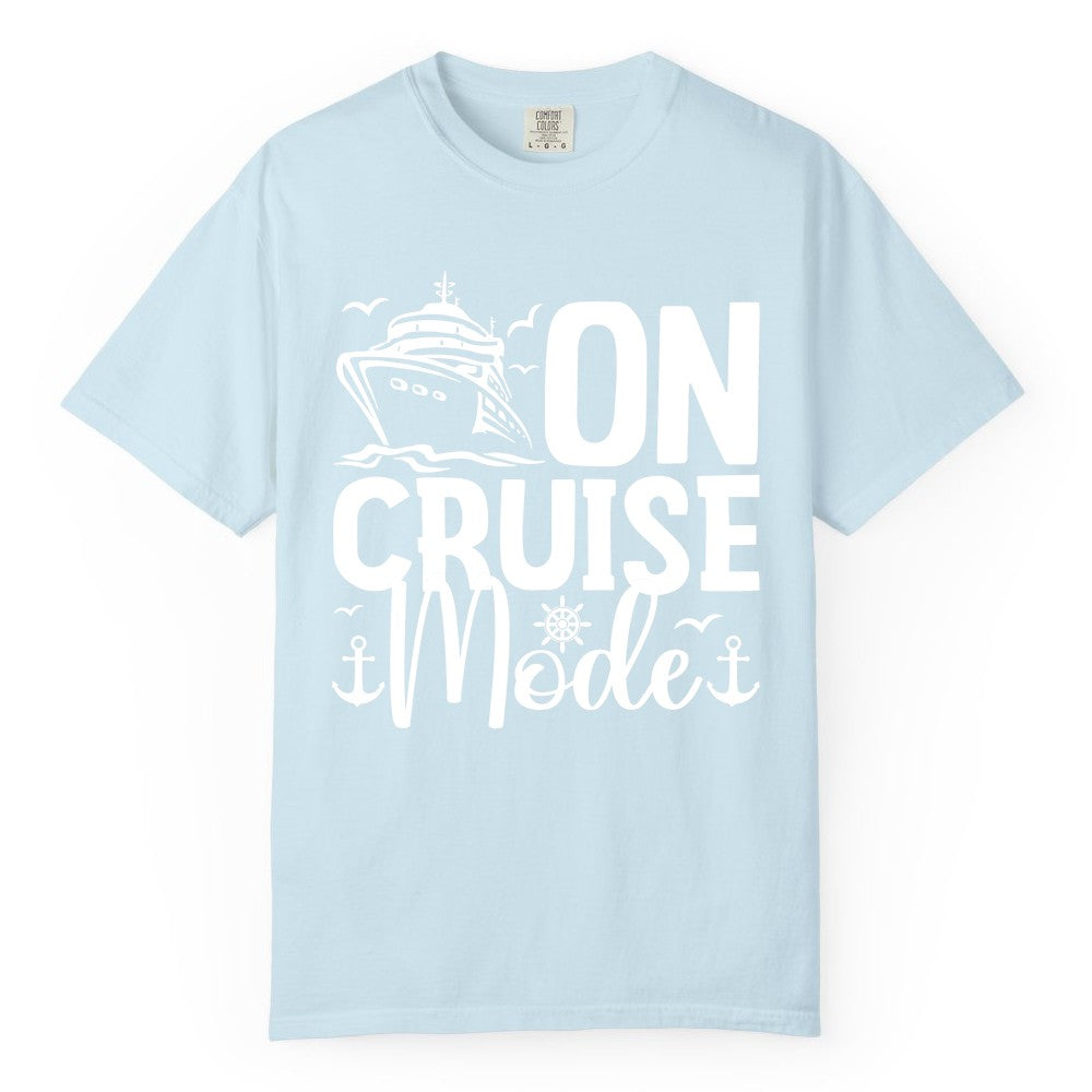 On Cruise Mode Shirt - Nautical Cruise Vacation Apparel for Travelers (Comfort Color) in Chambray - On Cruise Mode Nautical Typography Shirt with Ship Anchor Helm Icons