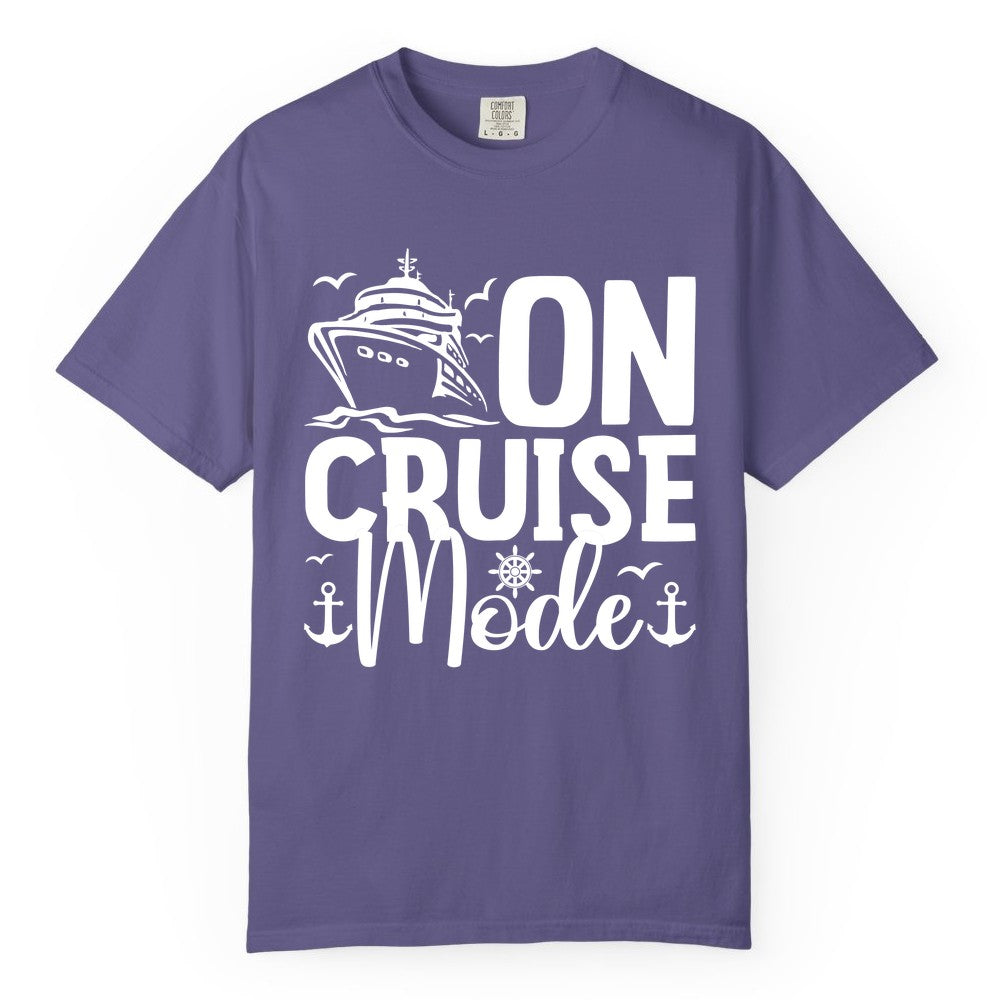 On Cruise Mode Shirt - Nautical Cruise Vacation Apparel for Travelers (Comfort Color) in Grape - On Cruise Mode Nautical Typography Shirt with Ship Anchor Helm Icons