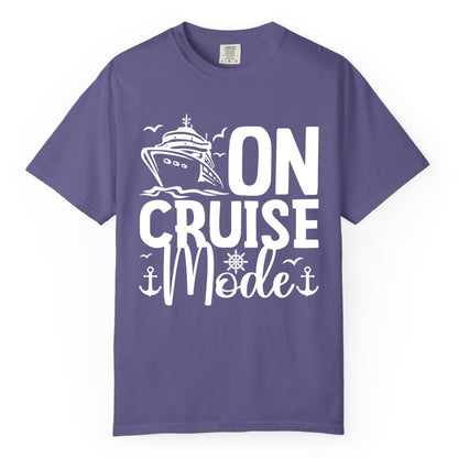 On Cruise Mode Shirt - Nautical Cruise Vacation Apparel for Travelers (Comfort Color) in Grape - On Cruise Mode Nautical Typography Shirt with Ship Anchor Helm Icons