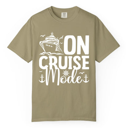 On Cruise Mode Shirt - Nautical Cruise Vacation Apparel for Travelers (Comfort Color) in Khaki - On Cruise Mode Nautical Typography Shirt with Ship Anchor Helm Icons